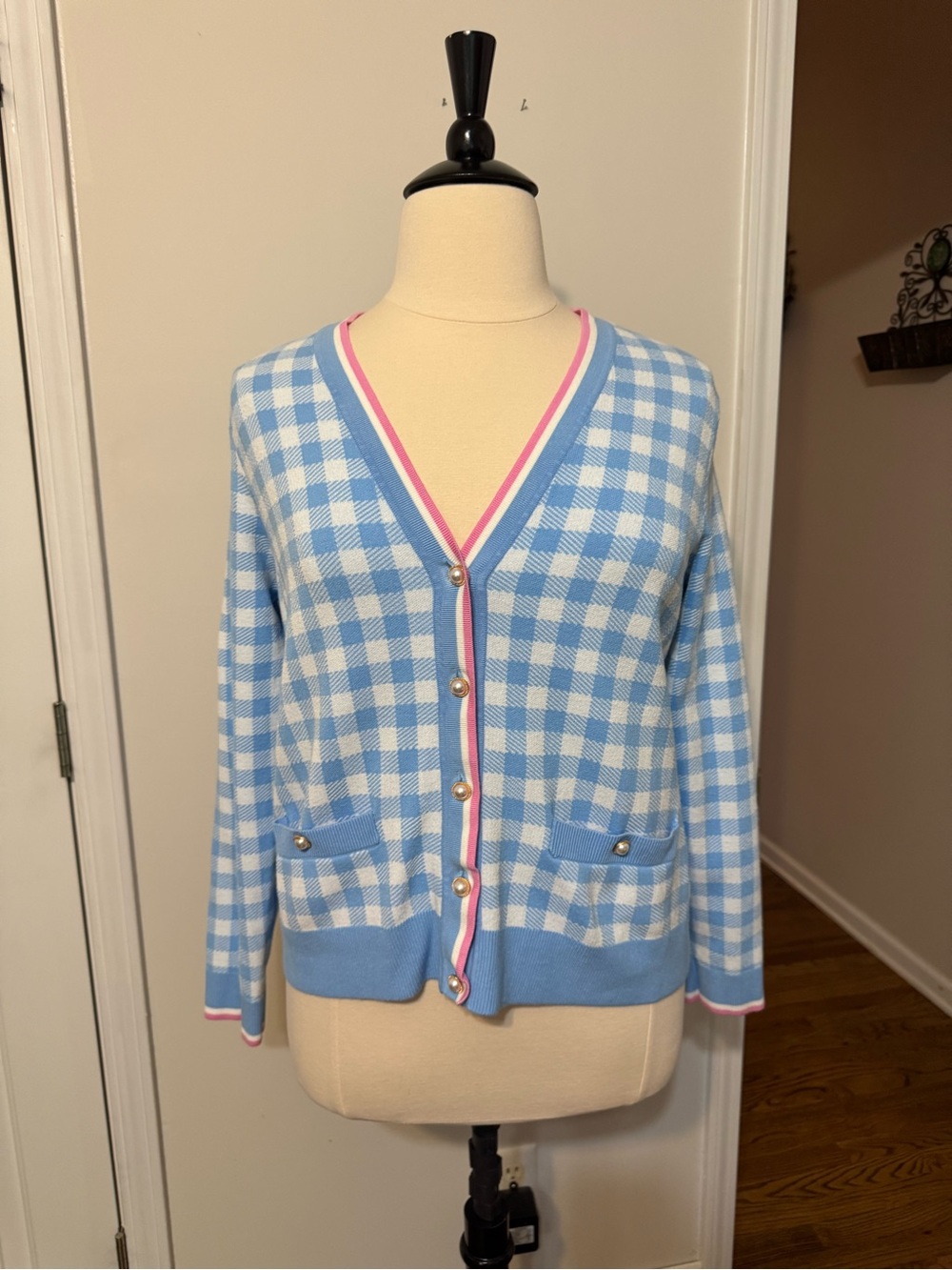 Charter Club Light Blue & White Gingham V-Neck Cardigan with Pink Trim